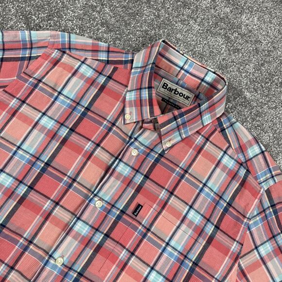 Barbour Shirt Mens Small Peach Pink Plaid Easter Spring Cotton Button Down Dress - Picture 1 of 13